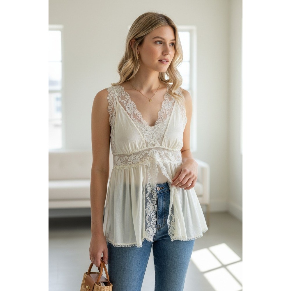 Lace Y2K Babydoll Cami XS‎ Ivory Sheer Open Front Coquette Fairy Romantic